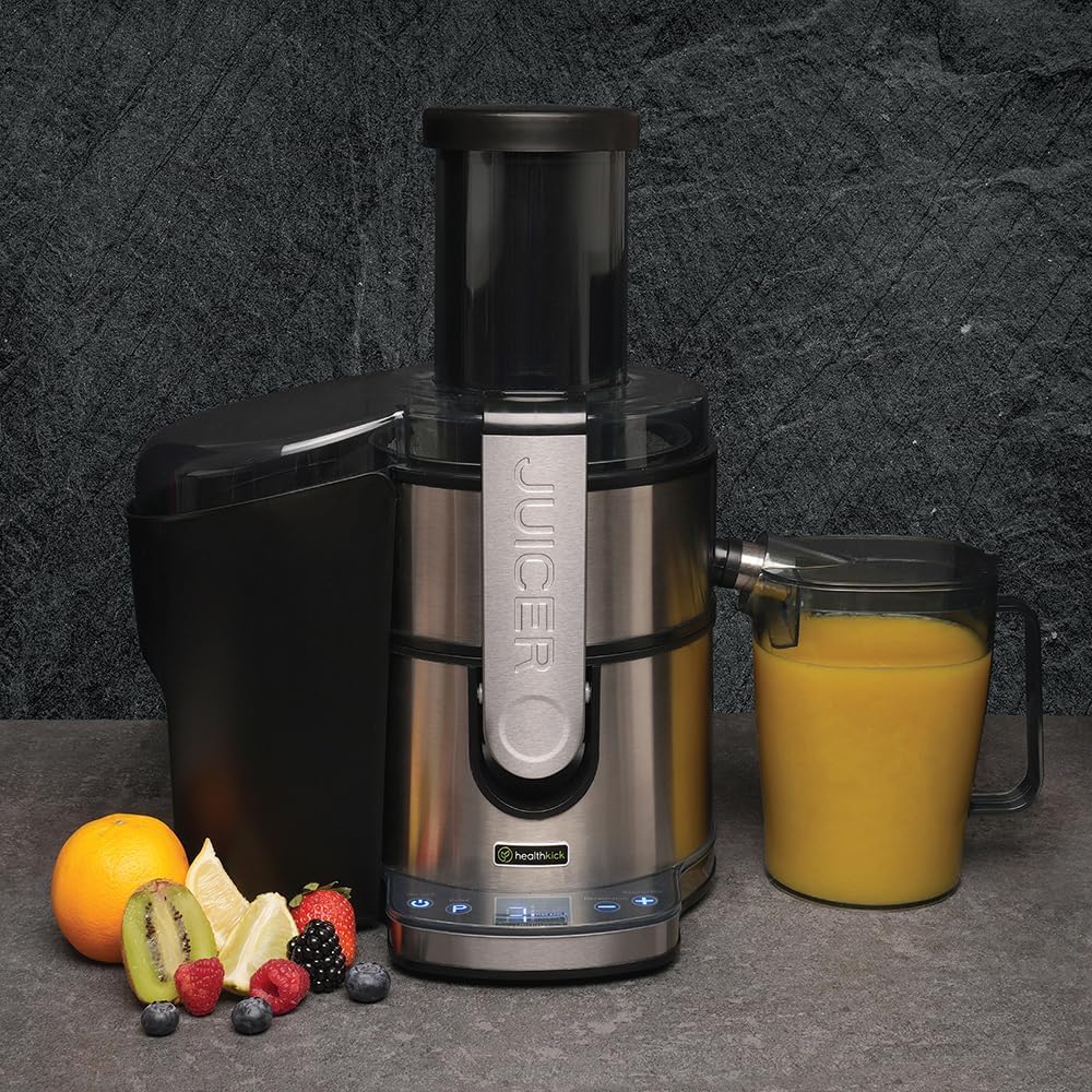 HealthKick Digital Fruit and Veg Juice Extractor Steel 800W 35cm x 26cm x 40cm K3152 | Food Grade Stainless Steel 304 | Easy Clean | 85mm Full Apple | Dishwasher Safe