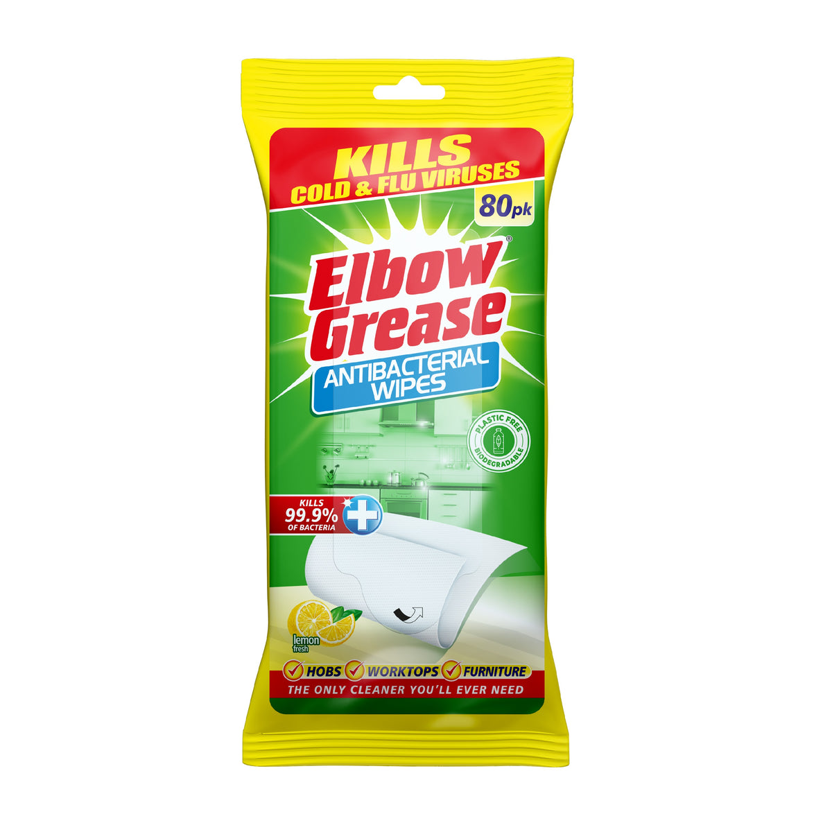 151 Elbow Grease Antibacterial Wipes White Pack of 80 EG185 | Kills Cold and Flu Viruses | Kills 99.9 Percent of Bacteria | Lemon Fresh | Plastic Free | Biodegradable | Hobs - Worktops - Furniture