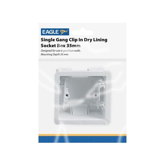 Eagle Single Gang Clip-In Dry Lining Socket Box White 85mm x 85mm x 35mm E341DC | Partition Wall Mounting | BS5733 Standard | Weight - 0.035Kg