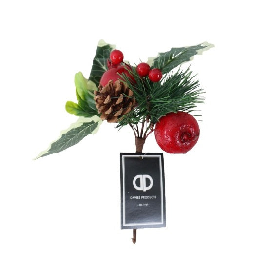 Davies Products Artificial Mixed Fruit Christmas Pick Multicoloured 15cm 59647 | Festive Pinecone-Red Berries and Apple Decoration | Holiday Floral Spray for Wreaths-Garlands and Table Centerpieces
