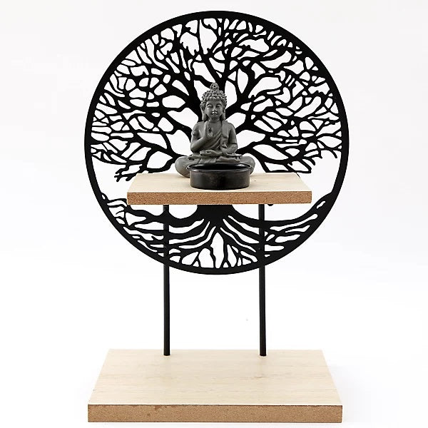 SiL Tree of Life Decorative Buddha Candle Holder with Metal Tree Silhouette and Wooden Base Black 29cm x 20cm x 10cm TL0076