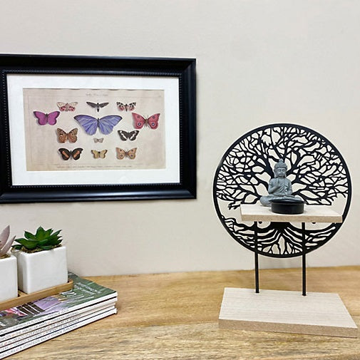 SiL Tree of Life Decorative Buddha Candle Holder with Metal Tree Silhouette and Wooden Base Black 29cm x 20cm x 10cm TL0076