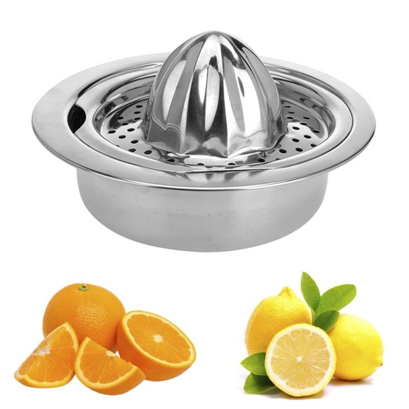 Excellent Houseware Round Stainless Steel Citrus Press with Built-In Strainer Chrome 16CM 196121 | Manual Juicer for Lemons-Oranges and Limes