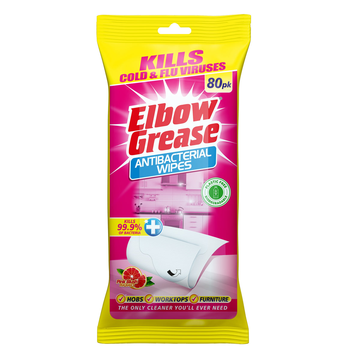 151 Elbow Grease Antibacterial Wipes White Pack of 80 EG180 | Kills Cold and Flu Viruses | Kills 99.9 Percent of Bacteria | Pink Blush Fragrance | Plastic Free | Biodegradable | Hobs - Worktops - Furniture