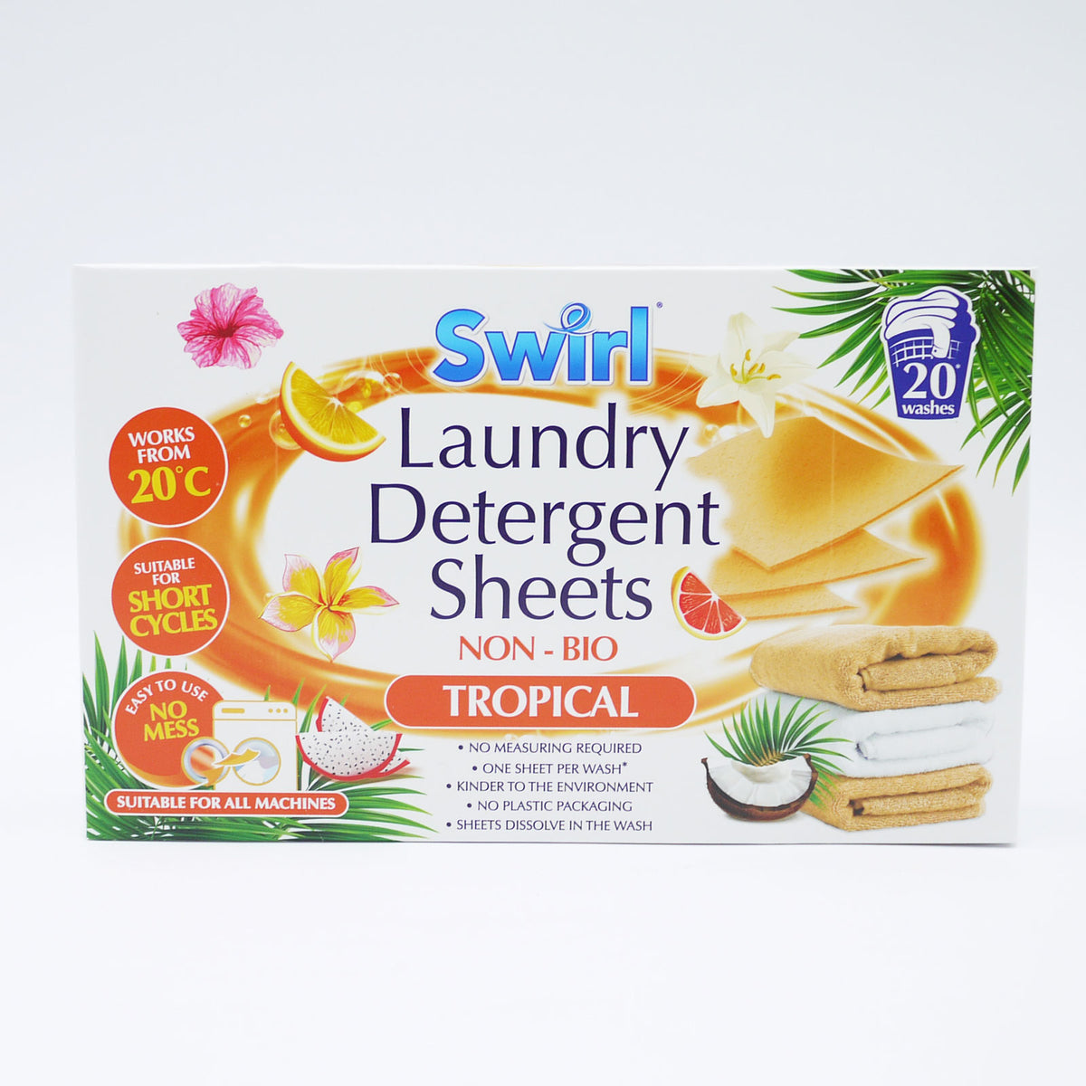 151 Swirl Non - Bio Tropical Laundry Detergent Sheets Orange Pack of 20 SW1038 | Works from 20 Degree Celsius | Suitable for Short Cycles | Easy to Use - No Mess | Suitable for All Machines | No Measuring Required | One Sheet Per Wash | Kinder to the