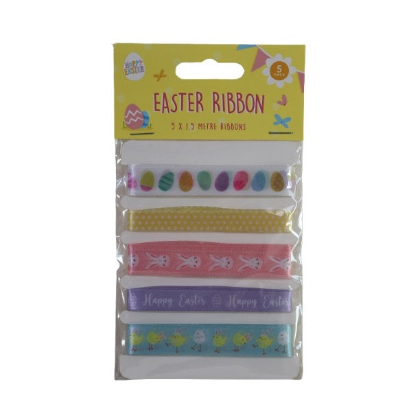 Happy Easter Decorative Satin Easter Ribbons Multicoloured 1.5Mtr Pack of 5 EAS-1879 | Gift Wrapping and DIY Decorations | Bunny-Egg-Chick and Polka Dot Designs