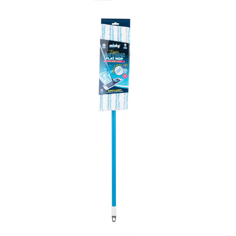 Minky Triple Action Flat Mop White and Blue | Scrub Sweep and Clean | Quick and Easy | Cleans All Hard Floors
