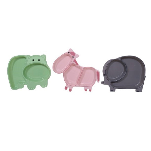 Kids Animal-Shaped Divided Toddler Food Plates Assorted Colours Pack of 1 158711 | BPA-Free | Hippo-Elephant and Giraffe Sectioned Plates