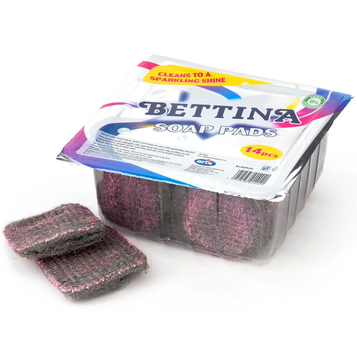 Bettina Multi-Purpose Steel Wool Soap Pads Multicoloured Pack of 14 B140PUN | Tough on Grease and Stains | Cleans to a Sparkling Shine | Ideal for Pots-Pans-Sinks and Household Cleaning