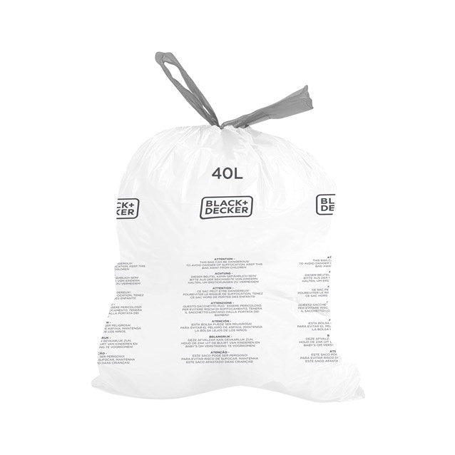 BLACK+DECKER Drawstring Bin Liners White 40Ltr Pack of 20 BXBB00040E | Strong and Durable Trash Bags | Easy-Tie Drawstring Closure | Fits Most Bin Shapes | Tear-Resistant Garbage Bags for Home and Office