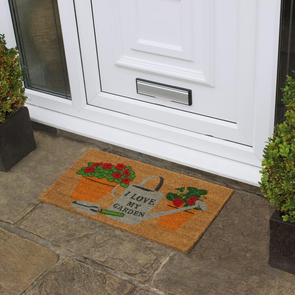 JVL Eco-Friendly Natural Coconut Fibre I Love My Garden Design Coir Doormat Multicoloured 40cm x 70cm 02-875 | Slip-Resistant Latex Backing | Durable Indoor and Outdoor Entrance Mat | Withstands All Weather | Mechanically Twisted Coir for Less Shedding