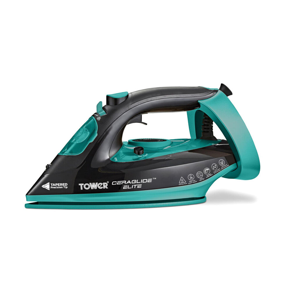 Tower EliteSpeed Steam Iron with Ceraglide Elite Scratch Resistant Ceramic Soleplate 3100W  Black-Teal T22021TL | 30 Percent Faster Ironing | 190G Steam Boost | 3Mtr Power Cord | Anti-Calc and Self-Clean Function | Auto Shut-Off | Vertical Steam and Spray Function | Tapered Precision Tip | 45G Continuous Steam