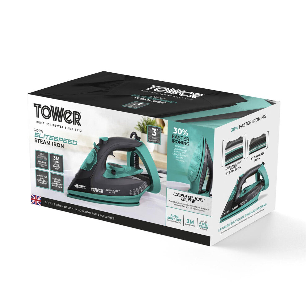 Tower EliteSpeed Steam Iron with Ceraglide Elite Scratch Resistant Ceramic Soleplate 3100W  Black-Teal T22021TL | 30 Percent Faster Ironing | 190G Steam Boost | 3Mtr Power Cord | Anti-Calc and Self-Clean Function | Auto Shut-Off | Vertical Steam and
