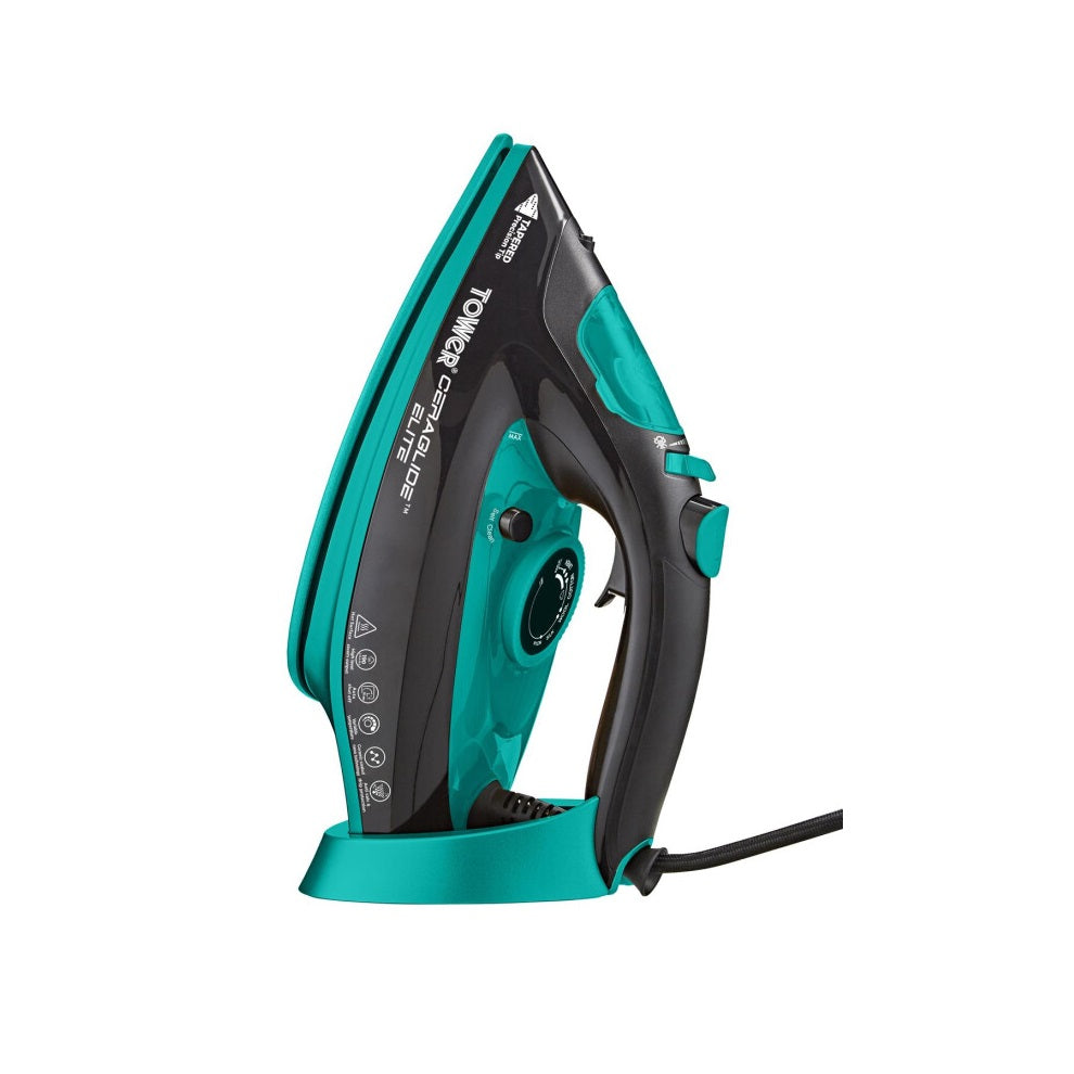 Tower EliteSpeed Steam Iron with Ceraglide Elite Scratch Resistant Ceramic Soleplate 3100W  Black-Teal T22021TL | 30 Percent Faster Ironing | 190G Steam Boost | 3Mtr Power Cord | Anti-Calc and Self-Clean Function | Auto Shut-Off | Vertical Steam and
