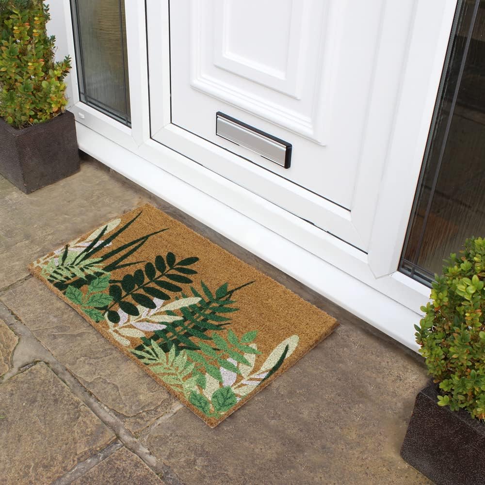 JVL Eco-Friendly Natural Coconut Fibre Tropical Leaf Design Coir Doormat Multicoloured 45cm x 75cm 02-881 | Slip-Resistant Latex Backing | Durable Indoor and Outdoor Entrance Mat | For Doorways-Patios and Greenhouses | Withstands All Weather