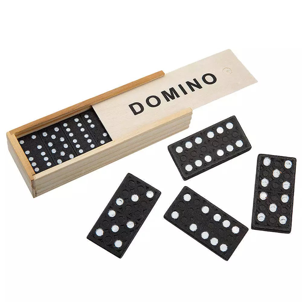 PMS Classic Dominoes Game in Wooden Box with Sliding Lid Brown and Black Pack of 28 339011 | Traditional Family Board Game for Kids and Adults