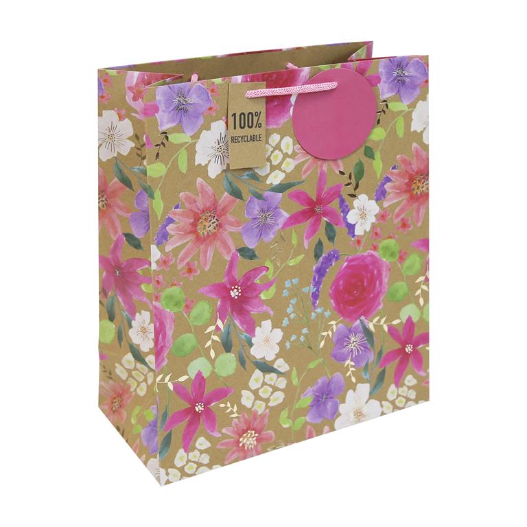 Clairefontaine Eurowrap Medium Kraft Floral Gift Bag with Pink Rope Handles Multicoloured 21.5cm x 10.2cm x 25.3cm Pack of 6 34933-3C | Reusable Paper Bag | For Gifts-Birthdays and Special Occasions