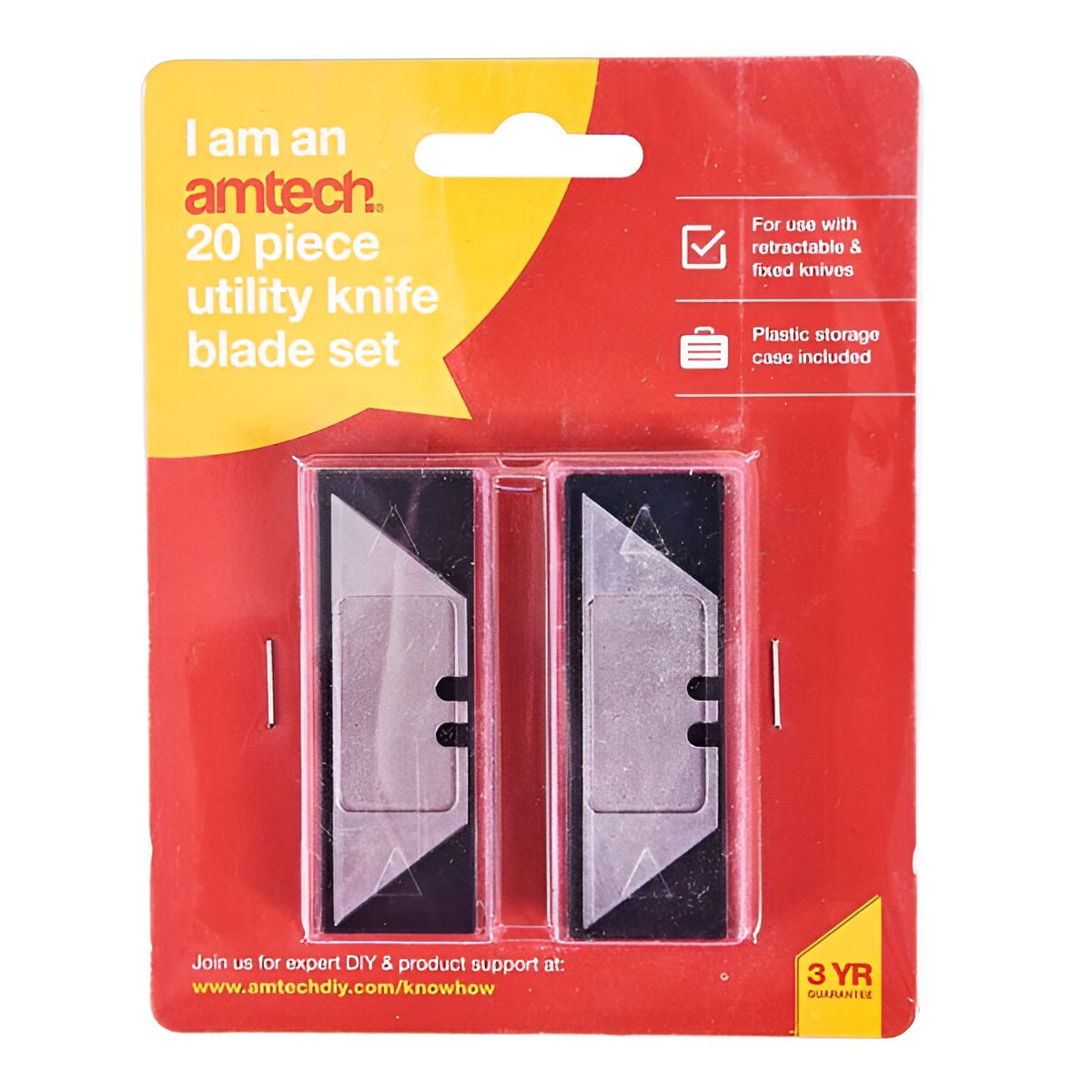 Am-Tech Utility Knife Blade Set Assorted Pack of 20 S0360 | For Use with Retractable and Fixed Knives | Plastic Storage Case Included