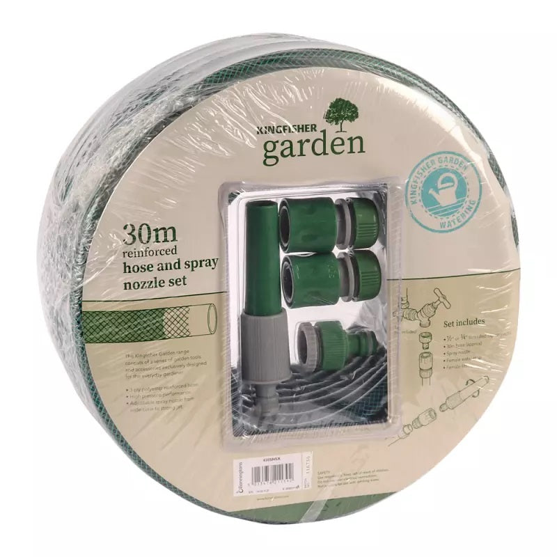 Kingfisher Reinforced Garden Hose and Spray Nozzle Set Green 30Mtr