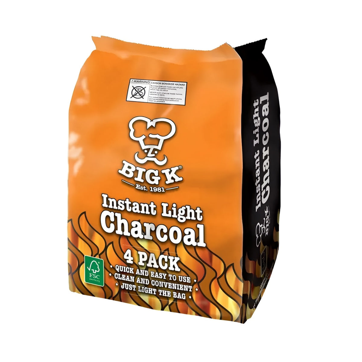 Big K BBQ Instant Lighting Charcoal 1Kg Pack of 4 IL04 | Quick and Easy to Use | Clean and Convenient | Just Light the Bag