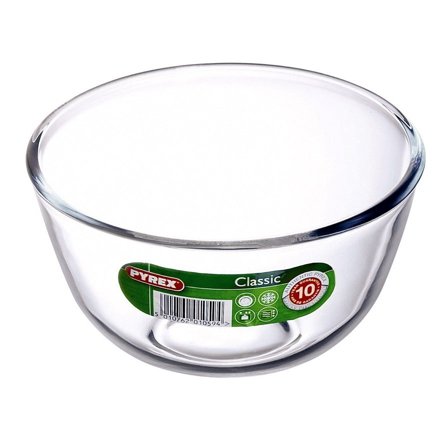 Pyrex Classic Round Glass Mixing Bowl Clear 21cm x 21cm x 11cm 2Ltr 180B000 | Heat-Resistant Borosilicate Glass | Microwave-Oven and Dishwasher Safe | Durable and Versatile Kitchen Essential