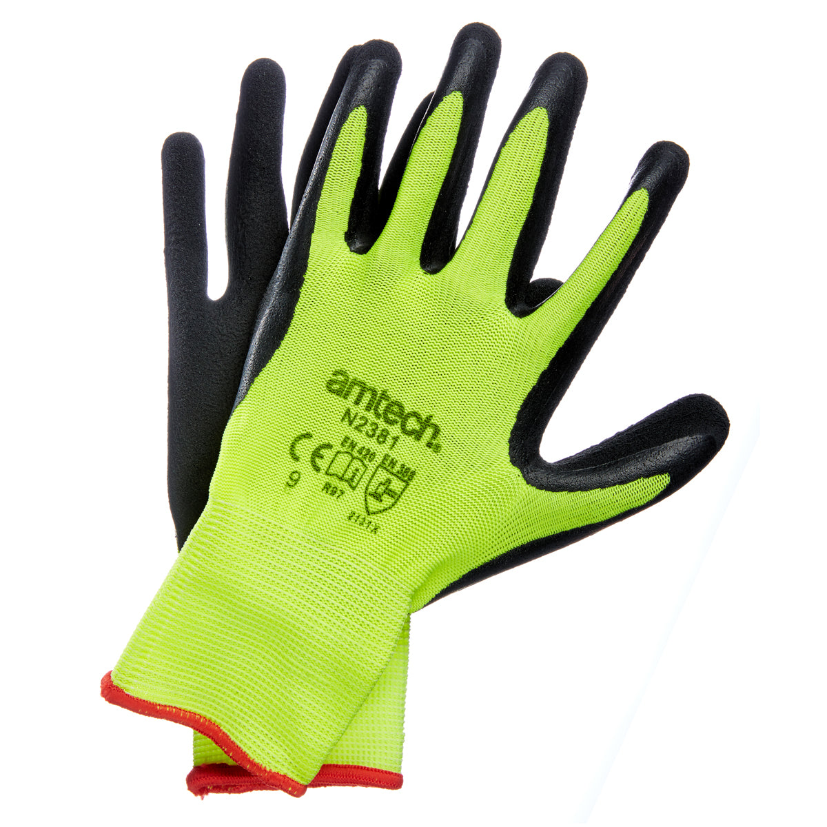 Am-Tech Hi-Vis Latex Coated Gloves Green and Black Large Size 9 N2381