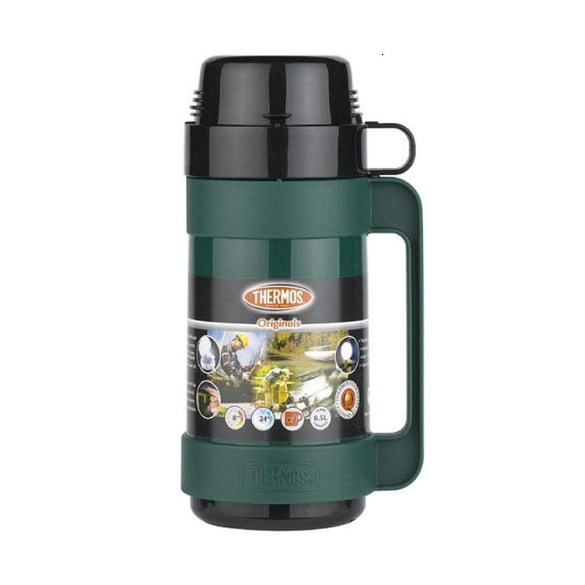 Thermos Originals Mondial Flask with Handle and Cup Lid Assorted Colours 0.5Ltr 26224 | Durable Insulated Bottle for Hot and Cold Drinks | Outdoor and Travel Thermos | 24Hr Temperature Retention