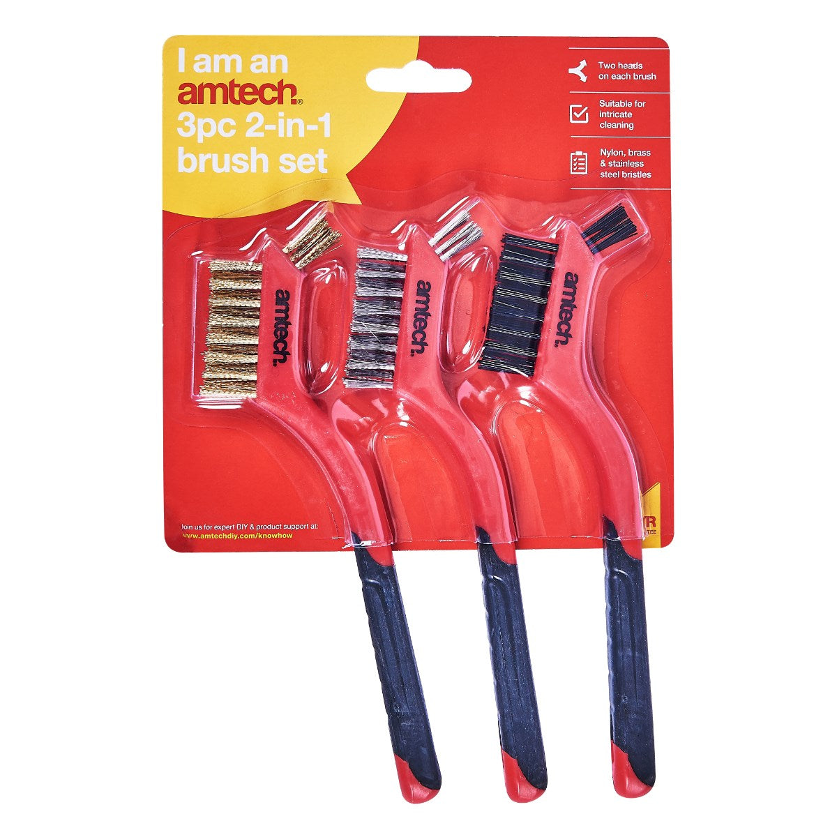 Amtech 2 in 1 Intricate Cleaning Brush Set Assorted Pack of 3 S3535 | Suitable for Cleaning Jobs-Removal of Flaking Paint-Rust and Dirt | Comfortable Soft-Grip Handles