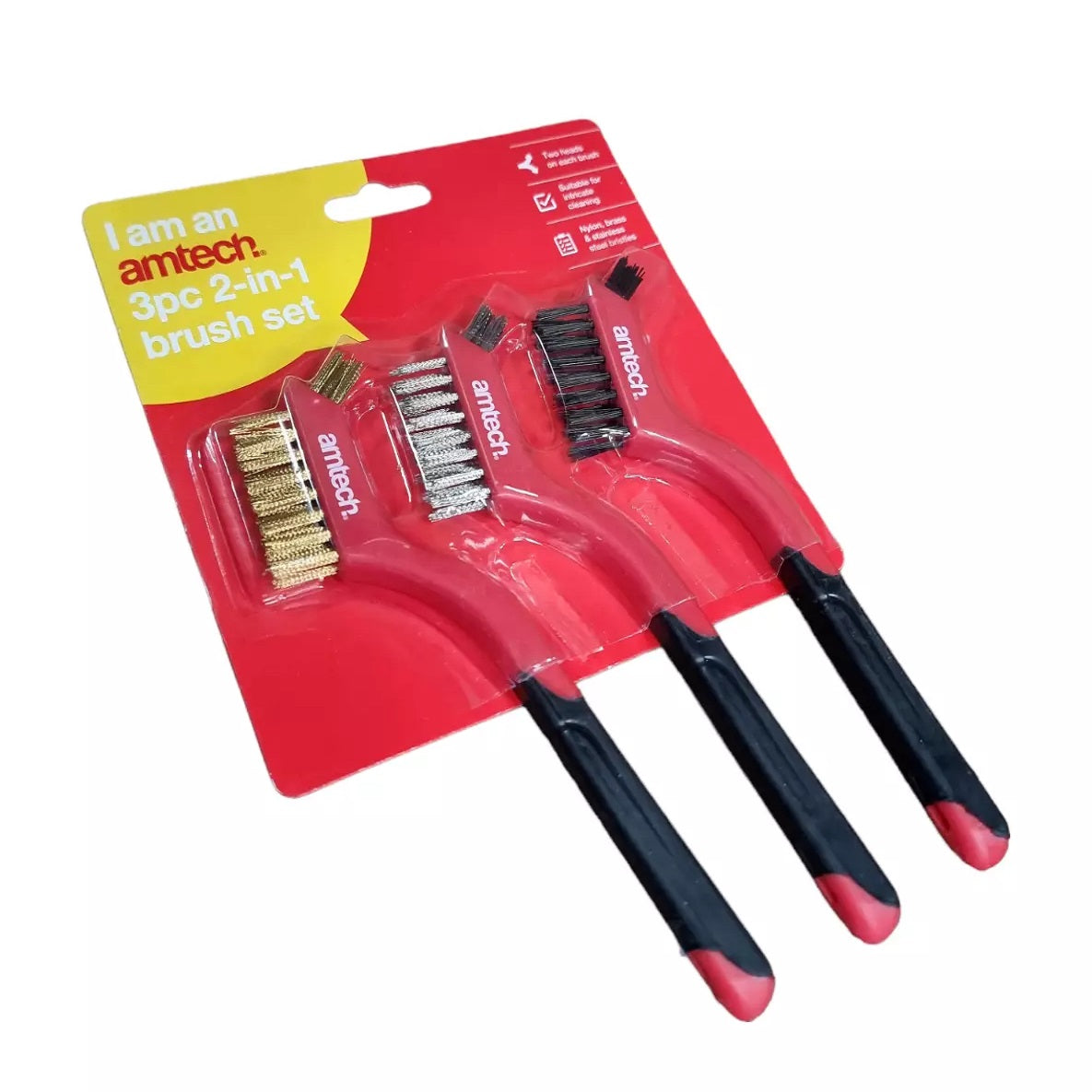 Amtech 2 in 1 Intricate Cleaning Brush Set Assorted Pack of 3 S3535 | Suitable for Cleaning Jobs-Removal of Flaking Paint-Rust and Dirt | Comfortable Soft-Grip Handles