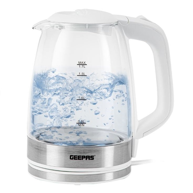 Geepas Illuminating Electric Glass Kettle 2200W Clear 1.7Ltr GK38058UK-WT | Rapid Boil Technology | Auto Shut-Off | Boil-Dry Protection | Blue LED Light | Easy-Open Lid | Stylish and Durable Design