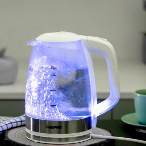 Geepas Illuminating Electric Glass Kettle 2200W Clear 1.7Ltr GK38058UK-WT | Rapid Boil Technology | Auto Shut-Off | Boil-Dry Protection | Blue LED Light | Easy-Open Lid | Stylish and Durable Design