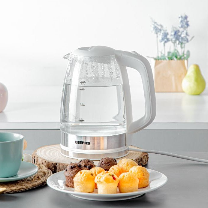Geepas Illuminating Electric Glass Kettle 2200W Clear 1.7Ltr GK38058UK-WT | Rapid Boil Technology | Auto Shut-Off | Boil-Dry Protection | Blue LED Light | Easy-Open Lid | Stylish and Durable Design