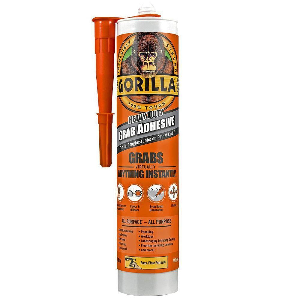 Gorilla Heavy Duty Grab Adhesive White 290ml 2044001 | Withstand Extreme Temperatures | Indoor and Outdoor | Even Bonds Underwater | Flexible | All Surface | All Purpose | Grabs Virtually Anything Instantly | Easy Flow Formula