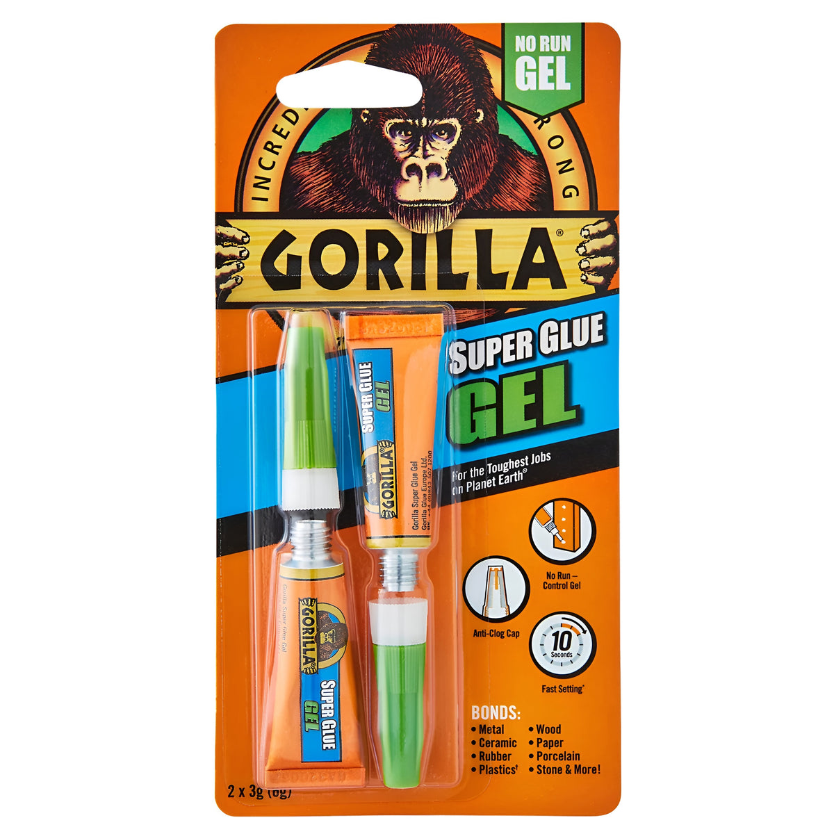 Gorilla Super Glue Gel Tube 3g Pack of 2 4044601 | No Run - Control Gel | Anti - Clog Cap | 10 Seconds Fast Setting | Bonds Metal - Wood - Ceramic - Paper - Rubber - Porcelain - Plastics - Stone and More