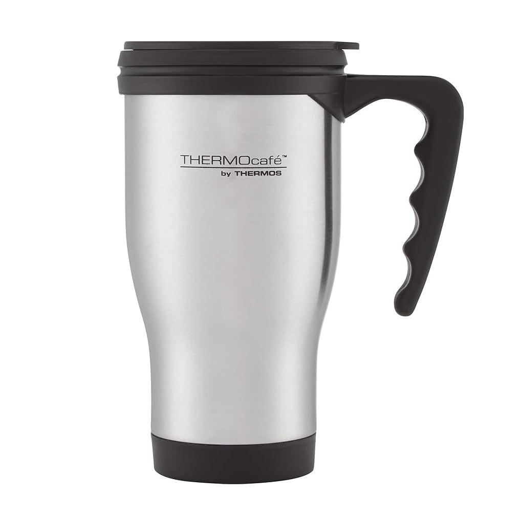 Thermos ThermoCafe Insulated Stainless Steel Travel Mug with Handle Silver and Black 17cm x 8cm 400ml 183343 | With Slide Lock Lid