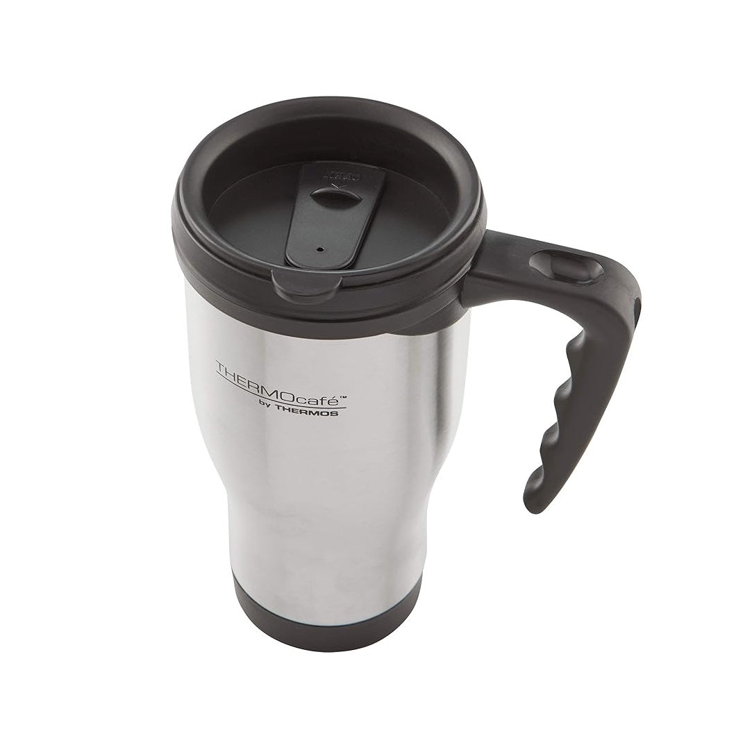 Thermos ThermoCafe Insulated Stainless Steel Travel Mug with Handle Silver and Black 17cm x 8cm 400ml 183343 | With Slide Lock Lid