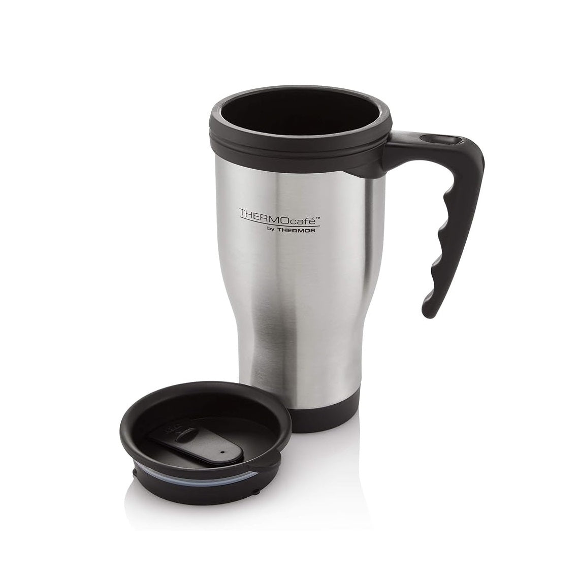 Thermos ThermoCafe Insulated Stainless Steel Travel Mug with Handle Silver and Black 17cm x 8cm 400ml 183343 | With Slide Lock Lid