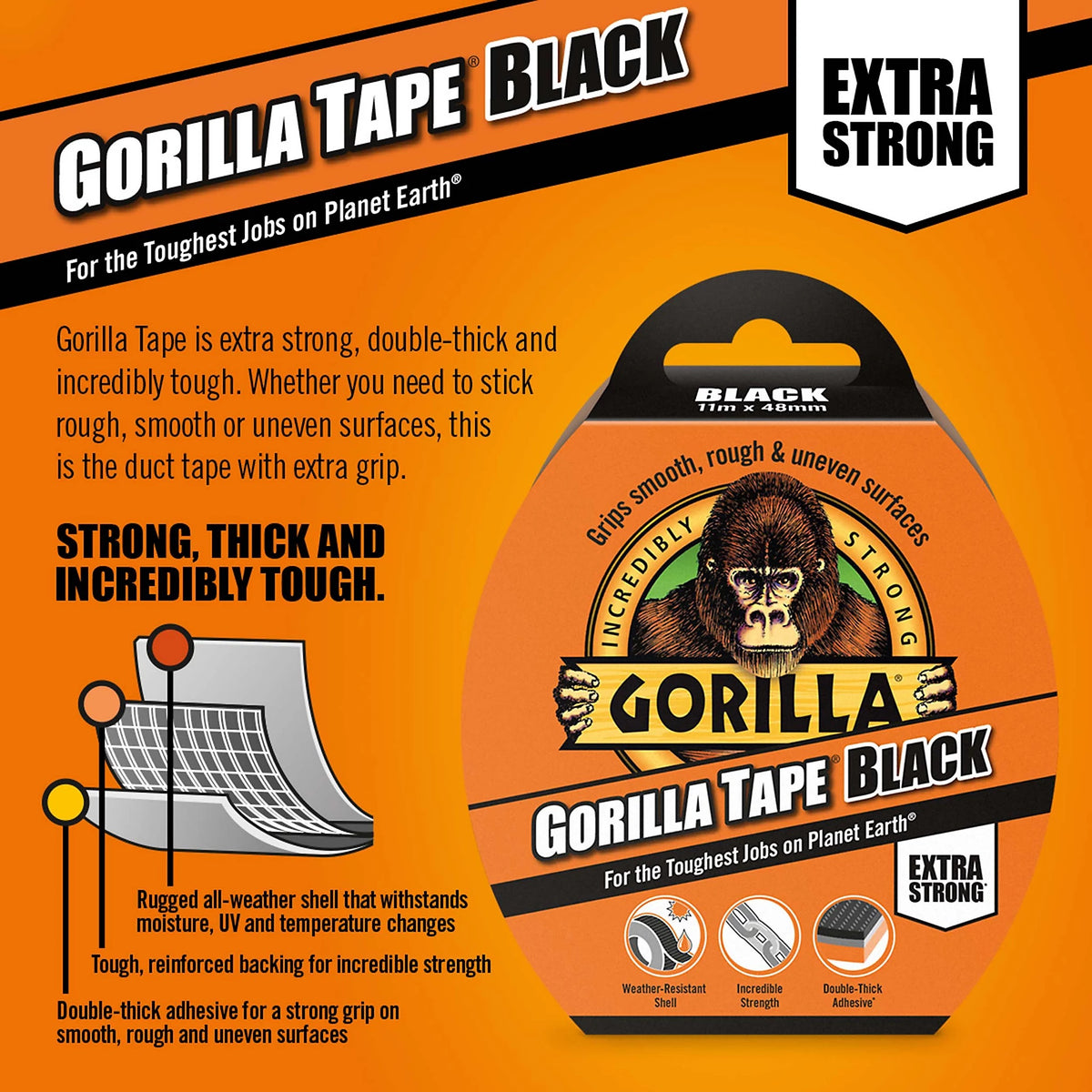 Gorilla Extra Strong Tape Black 11Mtr x 48mm 3044001 | Weather-Resistant Shell | Incredible Strength | Double Thick Adhesive | Grips Smooth Rough and Uneven Surfaces