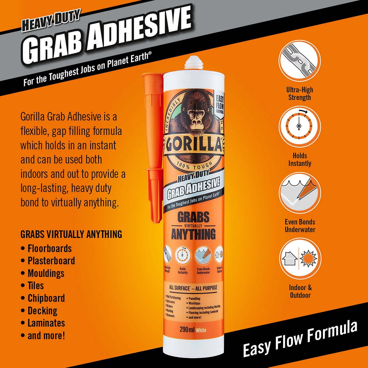 Gorilla Heavy Duty Grab Adhesive White 290ml 2044001 | Withstand Extreme Temperatures | Indoor and Outdoor | Even Bonds Underwater | Flexible | All Surface | All Purpose | Grabs Virtually Anything Instantly | Easy Flow Formula