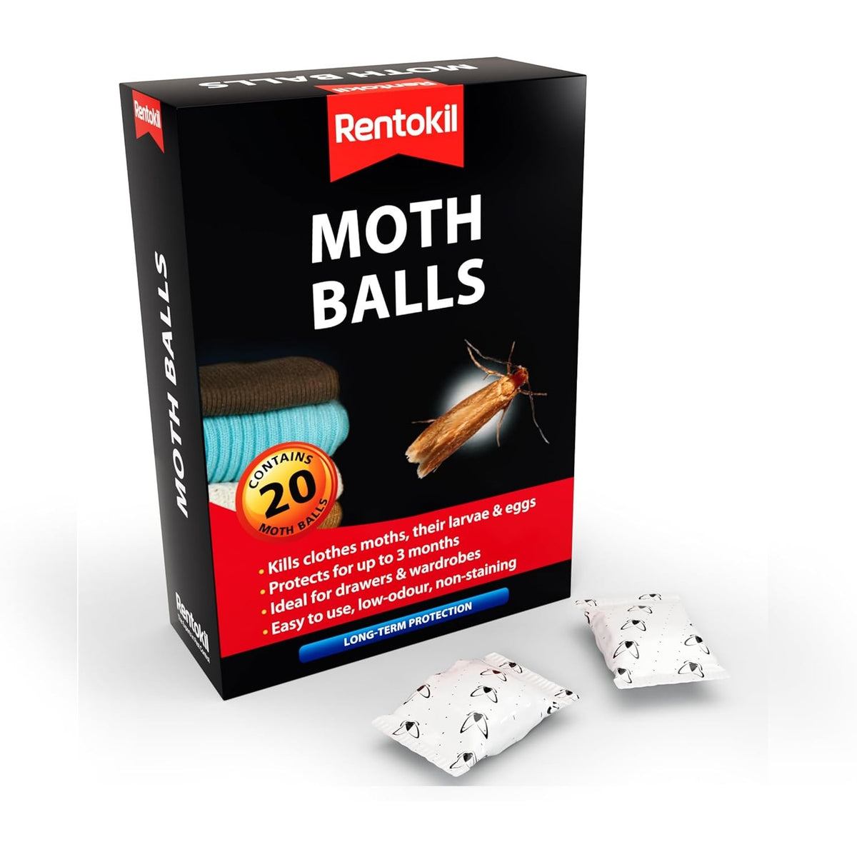 Rentokil Moth Balls White Pack of 20 RKLPSM97 | Kills Clothes Moths-Larvae and Eggs | Protects for Up to 3 Months | Ideal for Drawers and Wardrobes | Long-Term Protection | For Indoor Use