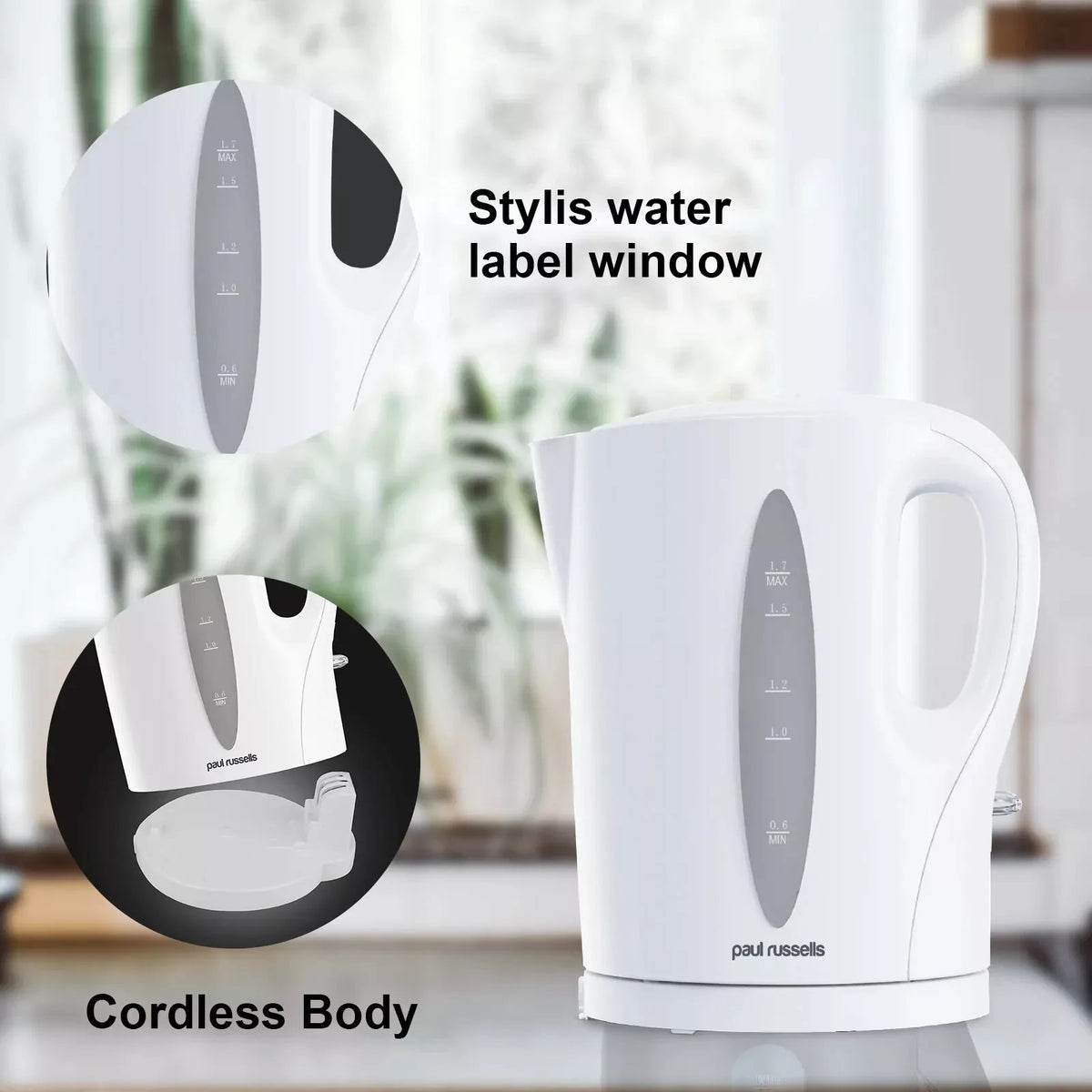 Paul Russells Electric Kettle White 1.7Ltr 15635 | Powerful | Durable