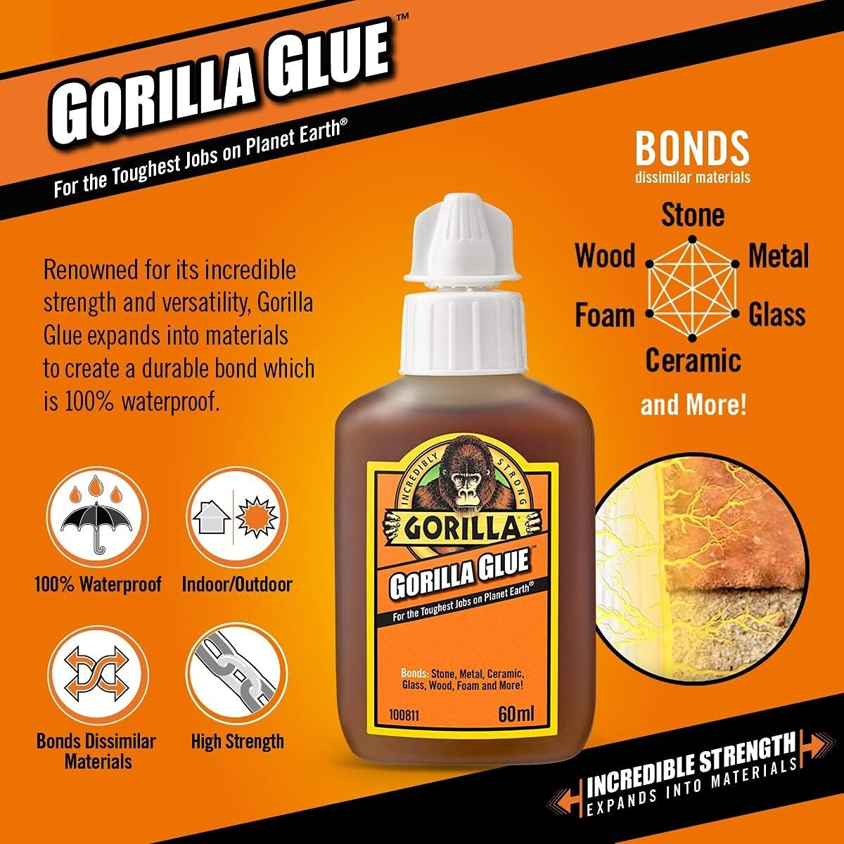 Gorilla Glue Brown 60ml 1044202 | For the Toughest Jobson Planet Earth | Waterproof | Incredibly Strong | Bonds Metal - Stone - Wood - Ceramics - Foam - Glass and More