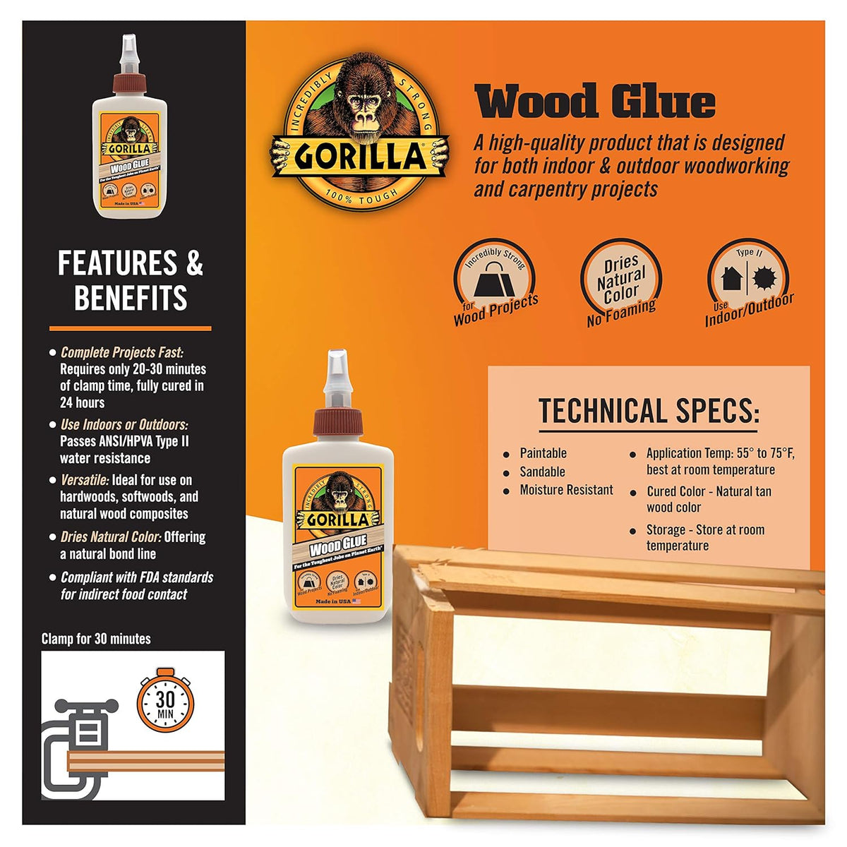 Gorilla Wood Glue White 118ml 5044401 | D3 Water Resistance | Indoor and Outdoor | Anti - Clog Applicator