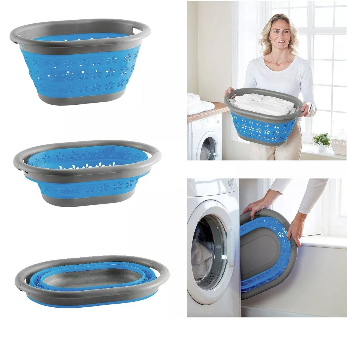 Laundry Master Collapsible Laundry Basket Blue and Grey 50.5cm x 37.5cm x 6cm LM3400 | Space Saving | Easy Grip Carry Handles | Easy Clean Surfaces | Collapses for Easy Storage | BPA Free
