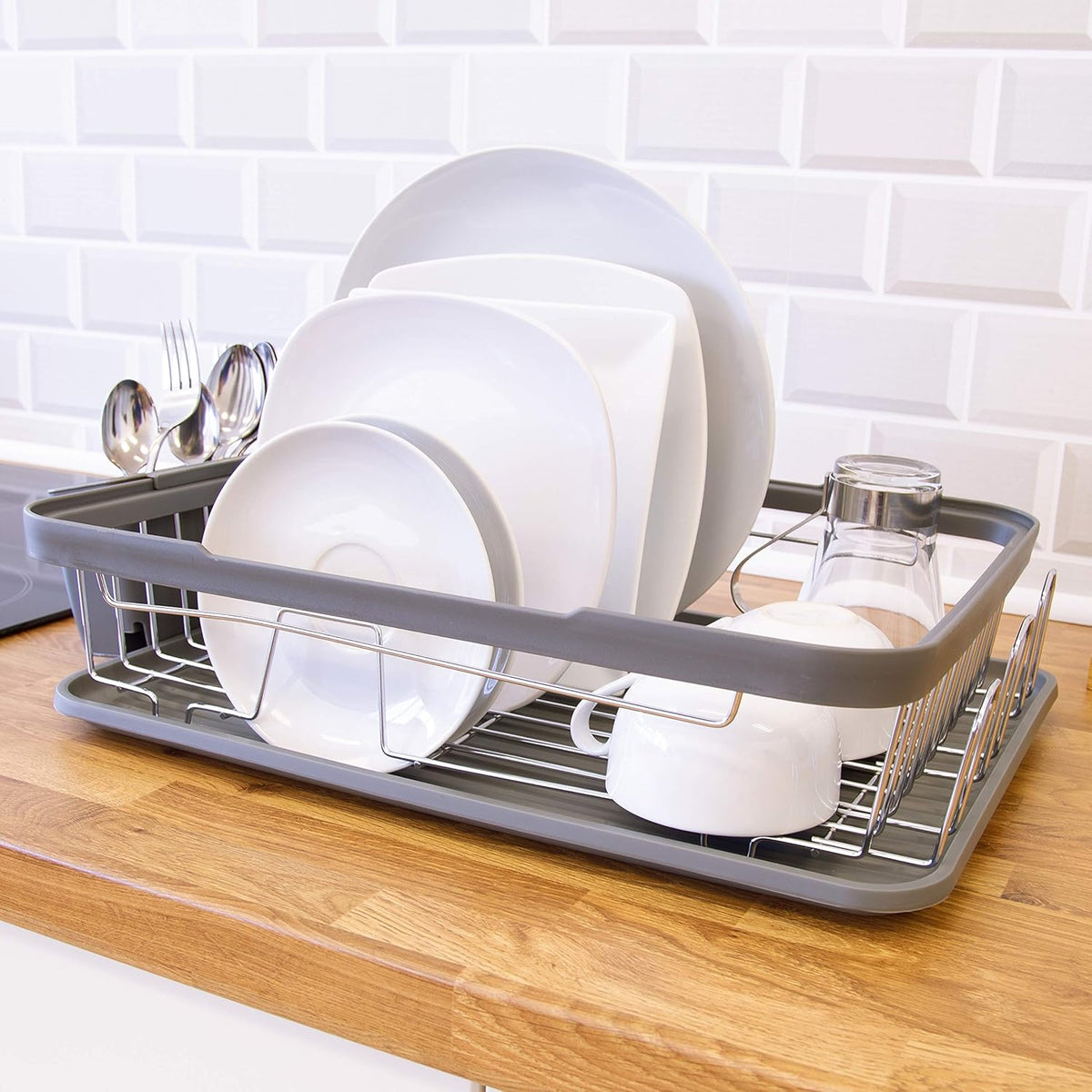 Anika Kitchen Dish Drainer with Drip Tray Grey 41cm x 9.5cm x 32cm 69069 | Stainless Steel Construction | Includes Removable Cutlery Holder