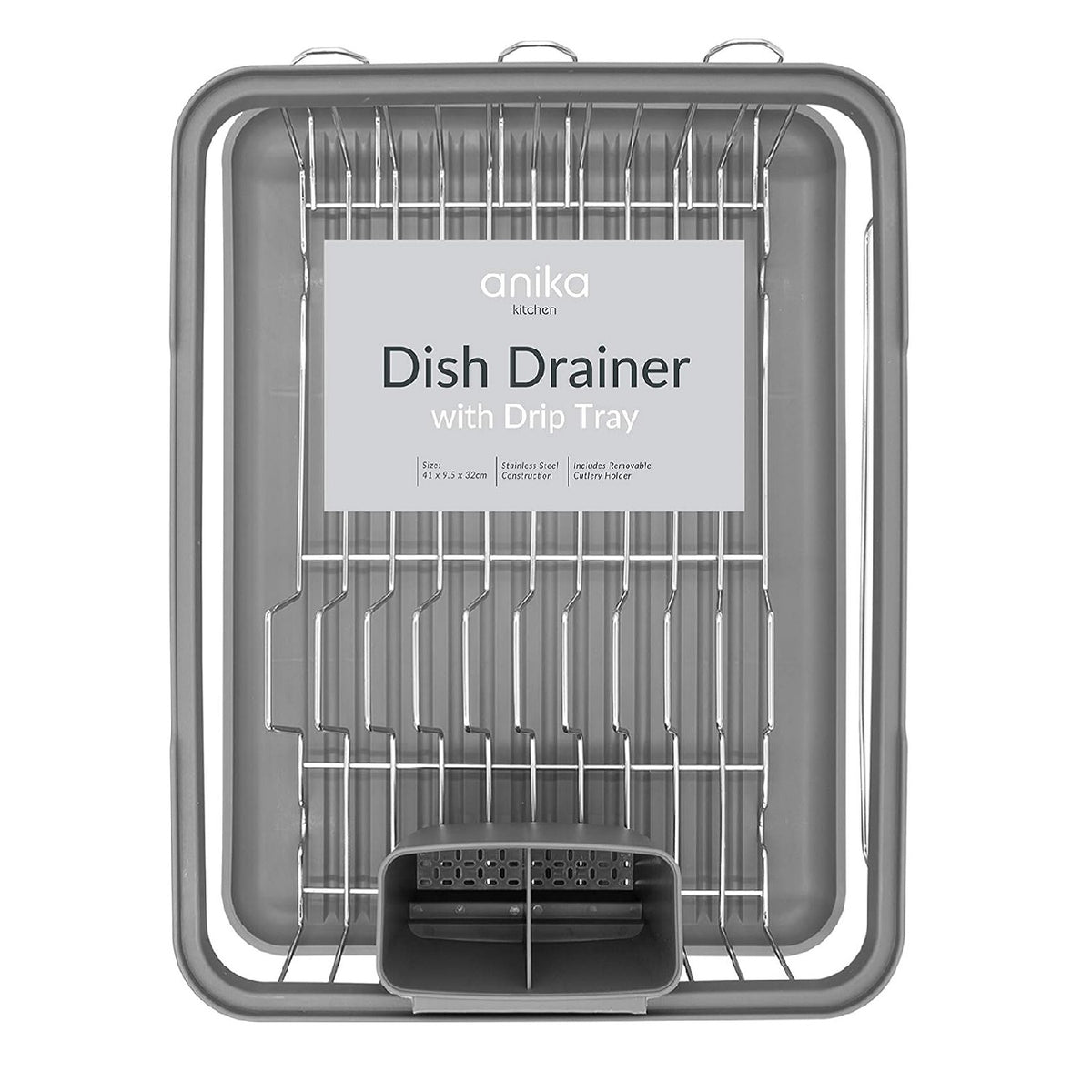 Anika Kitchen Dish Drainer with Drip Tray Grey 41cm x 9.5cm x 32cm 69069 | Stainless Steel Construction | Includes Removable Cutlery Holder