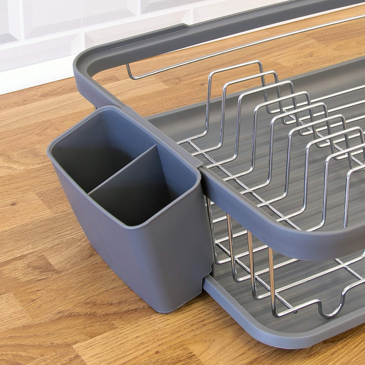 Anika Kitchen Dish Drainer with Drip Tray Grey 41cm x 9.5cm x 32cm 69069 | Stainless Steel Construction | Includes Removable Cutlery Holder