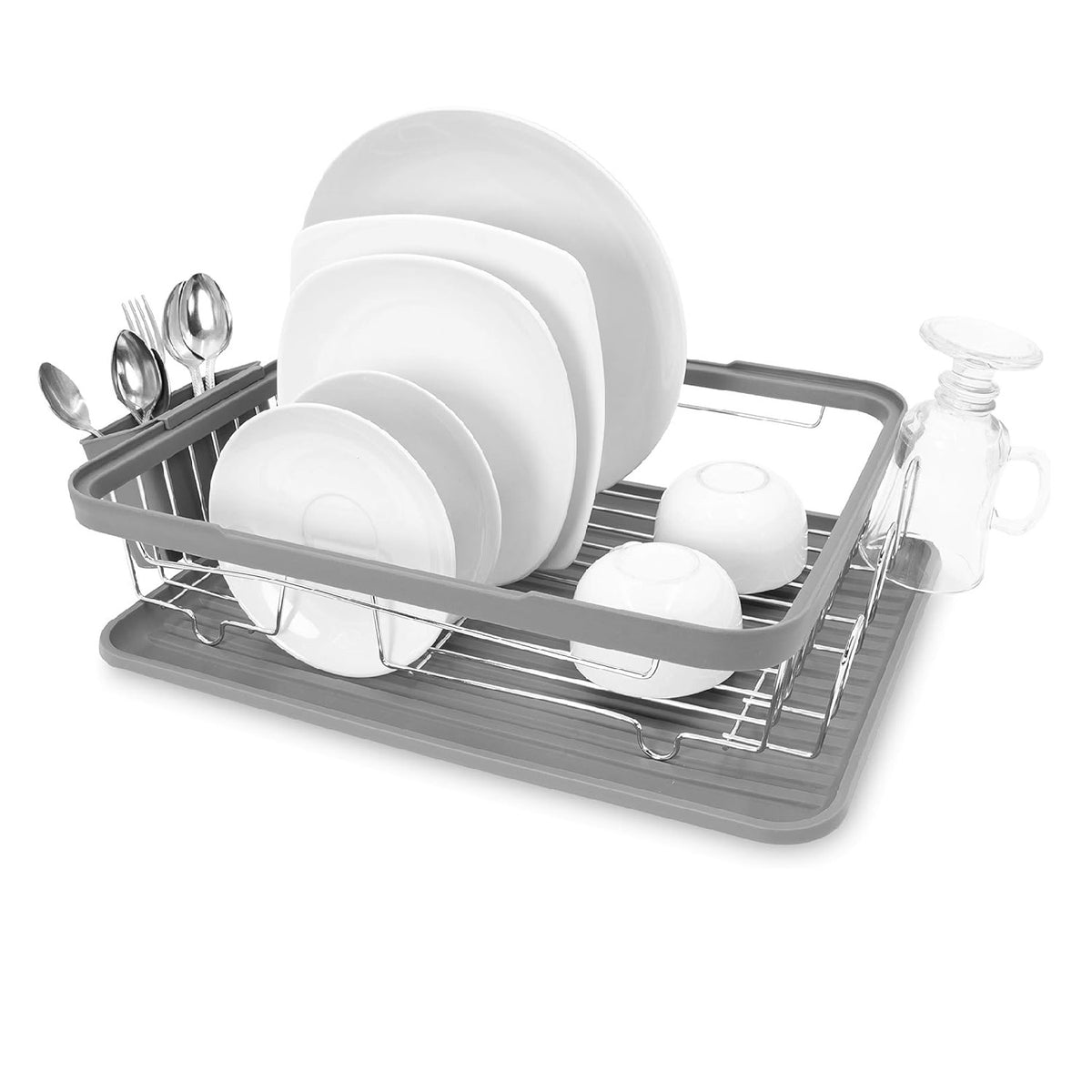 Anika Kitchen Dish Drainer with Drip Tray Grey 41cm x 9.5cm x 32cm 69069 | Stainless Steel Construction | Includes Removable Cutlery Holder