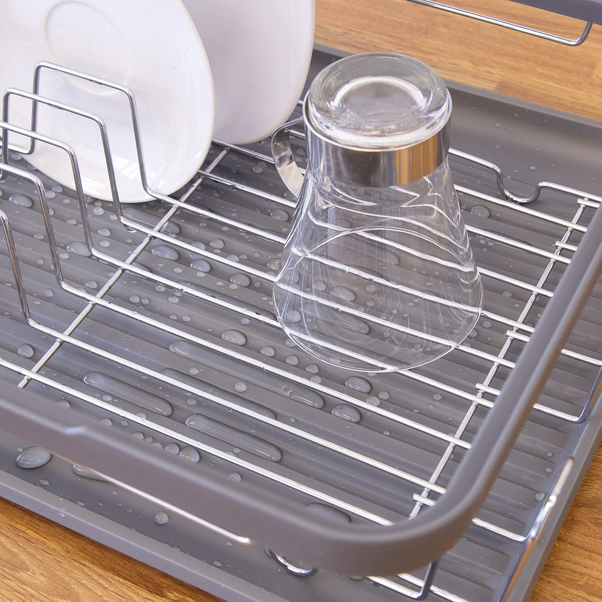 Anika Kitchen Dish Drainer with Drip Tray Grey 41cm x 9.5cm x 32cm 69069 | Stainless Steel Construction | Includes Removable Cutlery Holder