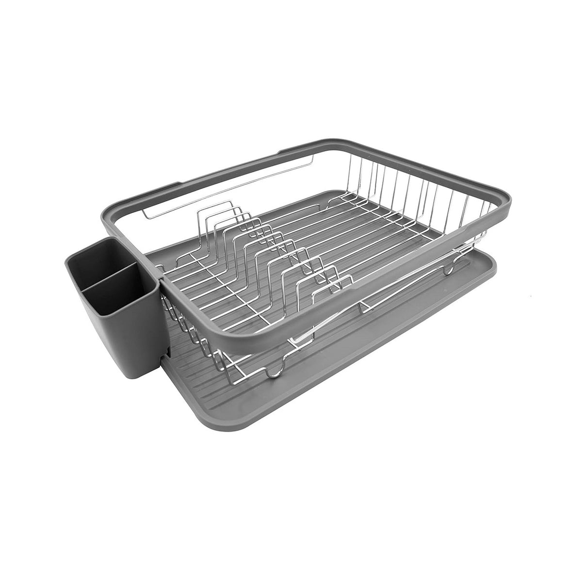 Anika Kitchen Dish Drainer with Drip Tray Grey 41cm x 9.5cm x 32cm 69069 | Stainless Steel Construction | Includes Removable Cutlery Holder